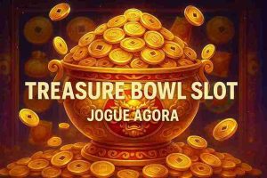 Slot Treasure Bowl com potes dourados e moedas brilhantes.